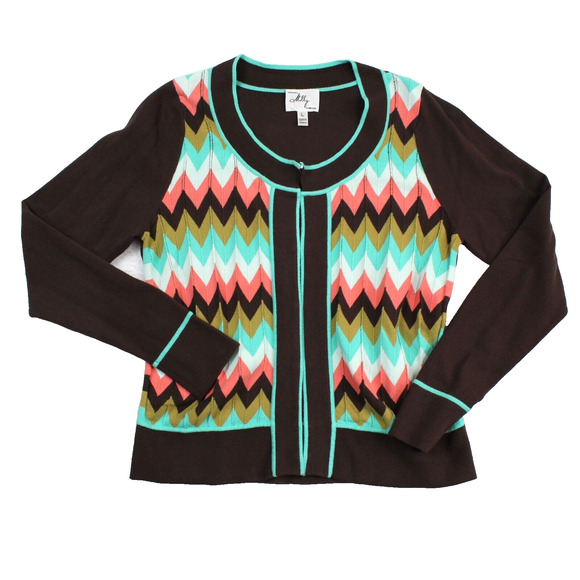 Milly of New York Sweaters - Milly Cardigan Sweater Womens Large  Brown Blue Retro Chevron Knit Preppy